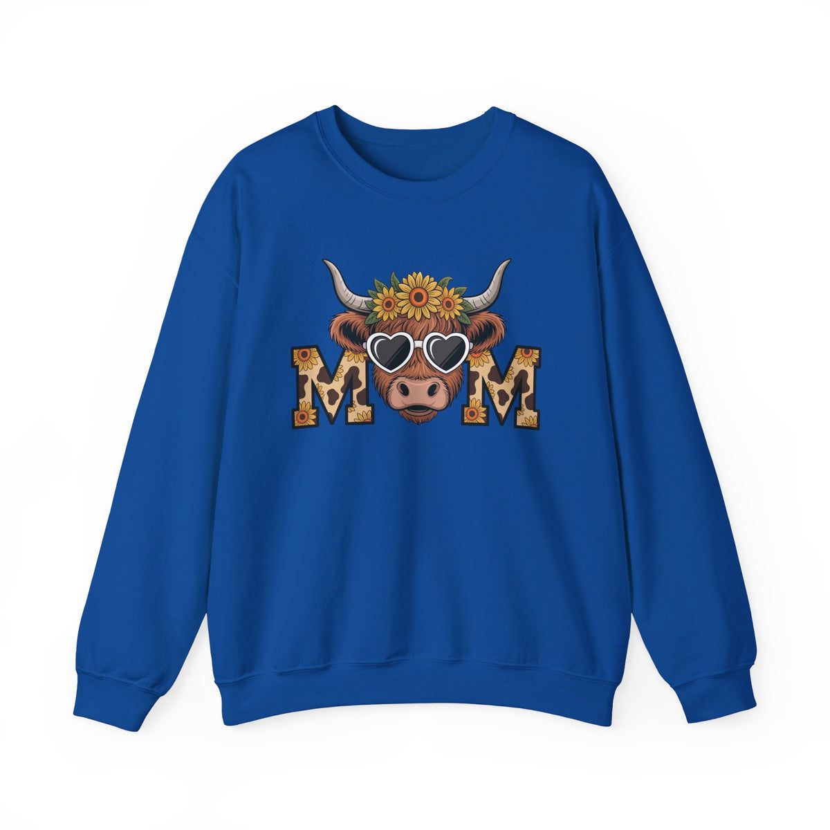 Royal Highland Cow Mom sweatshirt with a sunflower highland cow and leopard print MOM letters, front view