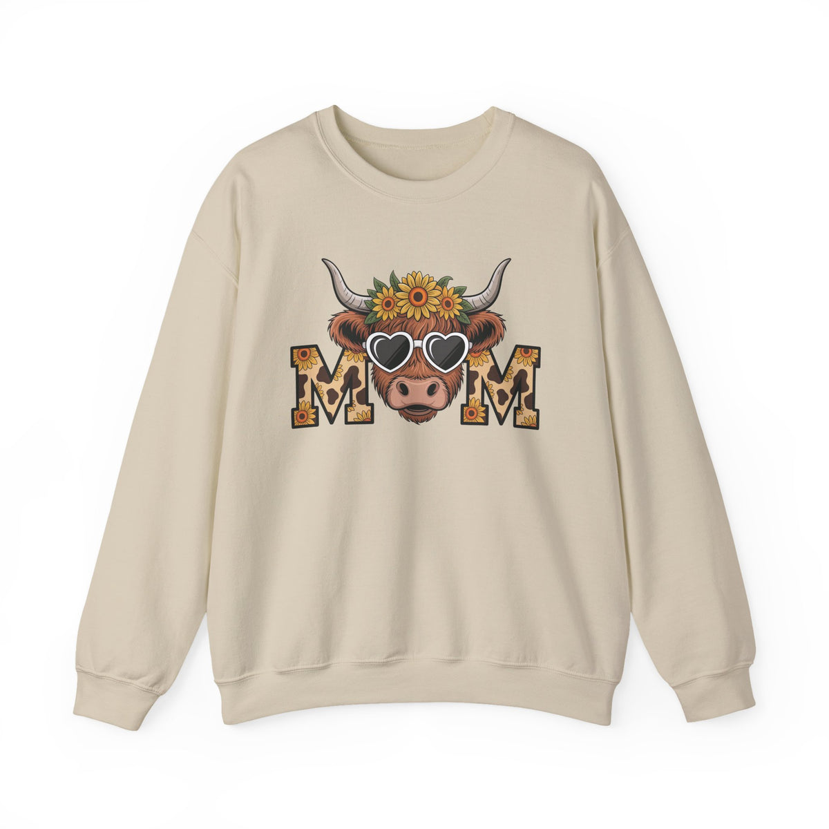 Sand Highland Cow Mom sweatshirt with a sunflower highland cow and leopard print MOM letters, front view