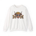 White Highland Cow Mom sweatshirt with a sunflower highland cow and leopard print MOM letters, front view