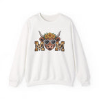 White Highland Cow Mom sweatshirt with a sunflower highland cow and leopard print MOM letters, front view