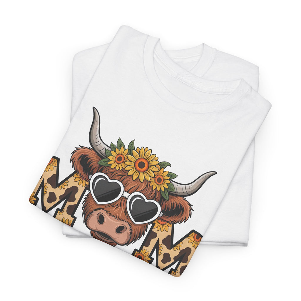 Highland Cow Mom Sunflower Leopard T-Shirt, folded