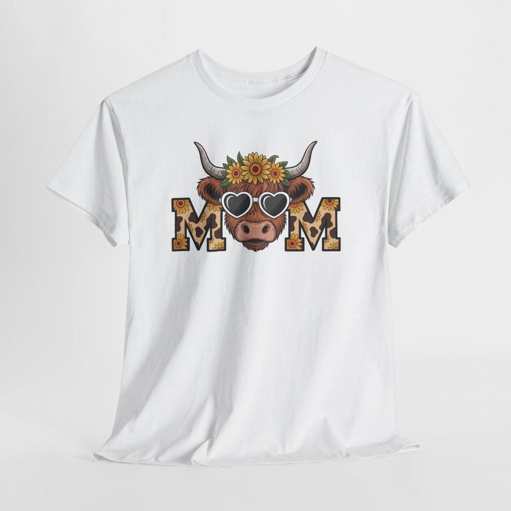Highland Cow Mom Sunflower Leopard T-Shirt, flat lay