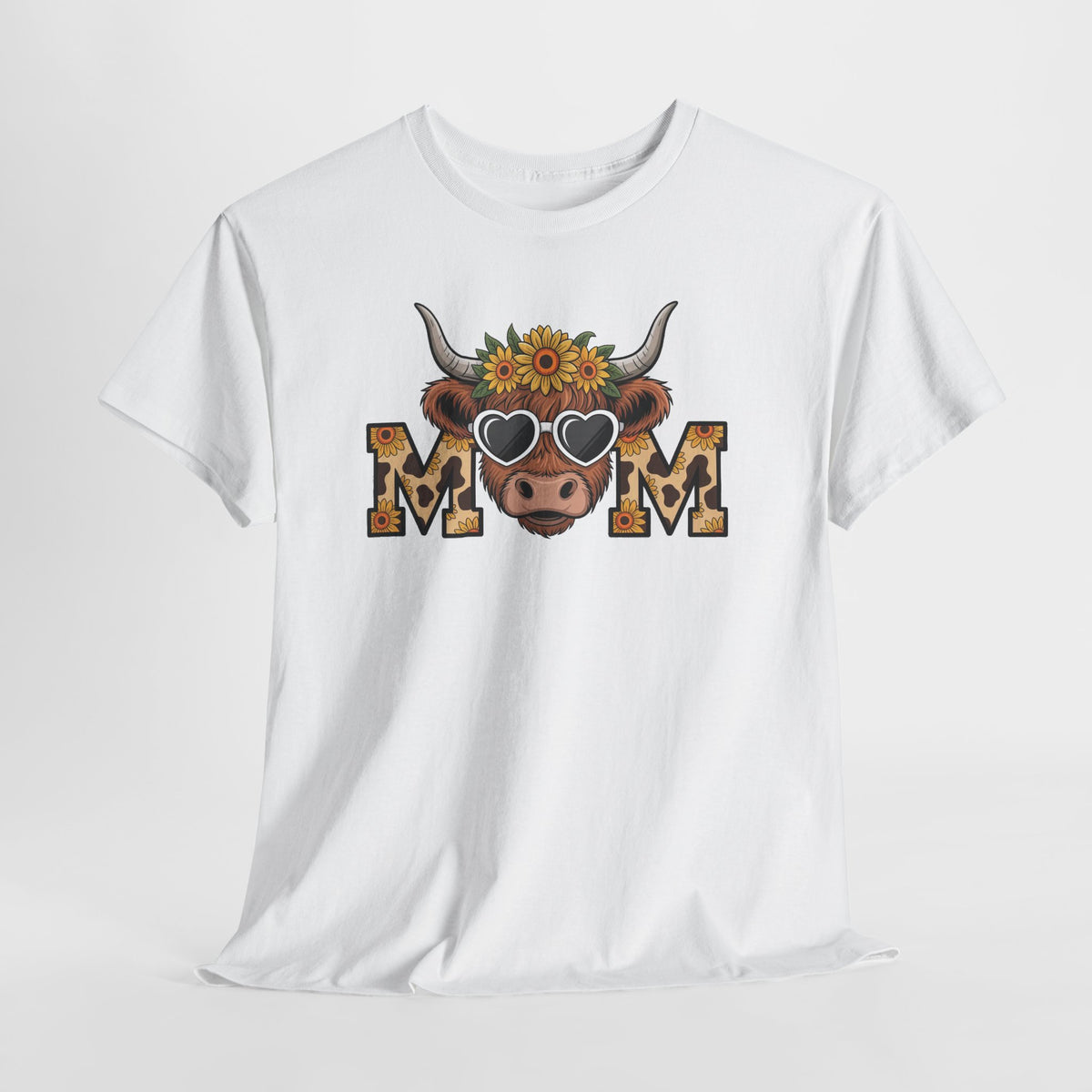 Highland Cow Mom Sunflower Leopard T-Shirt, flat lay