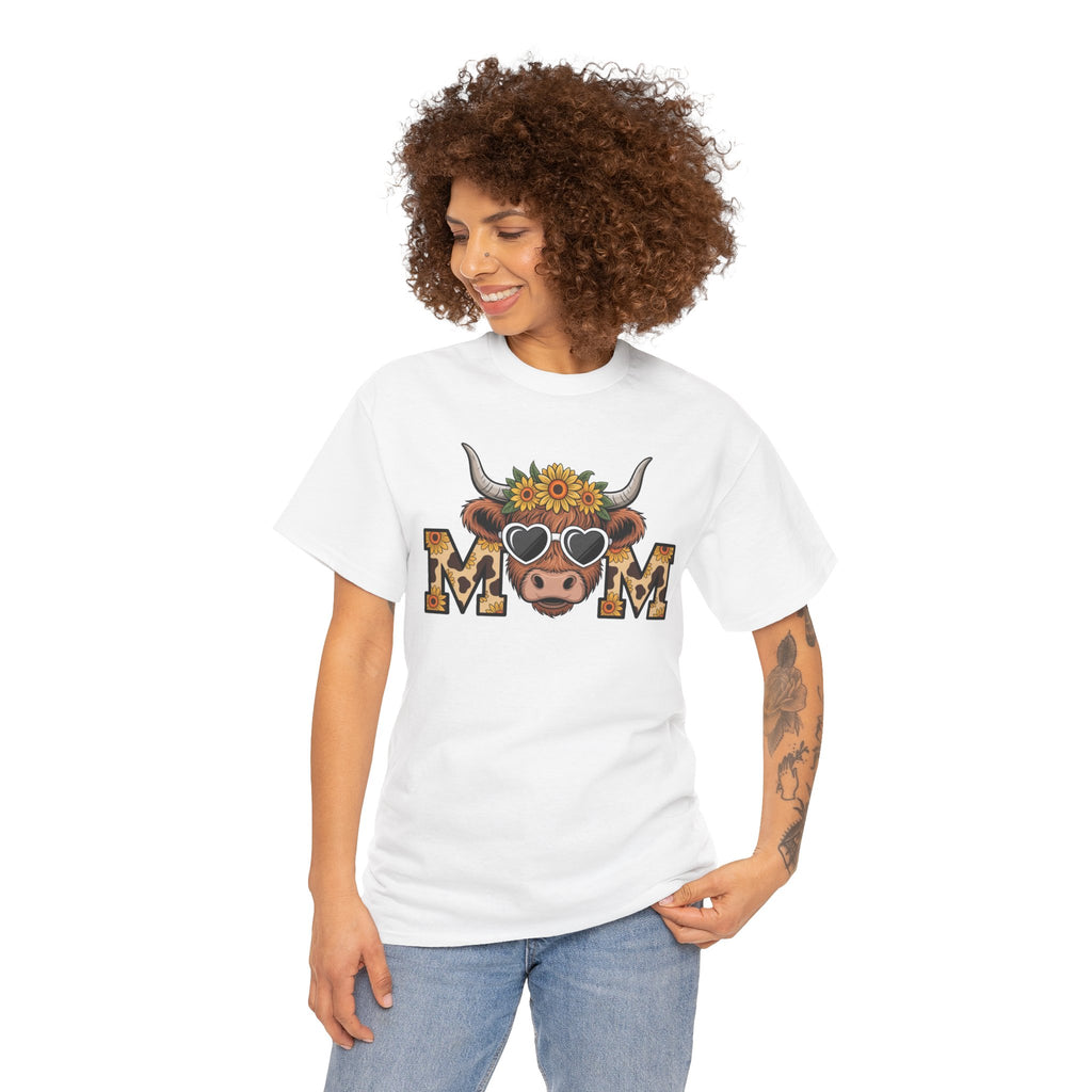 Woman wearing the White Highland Cow Mom Sunflower Leopard T-Shirt