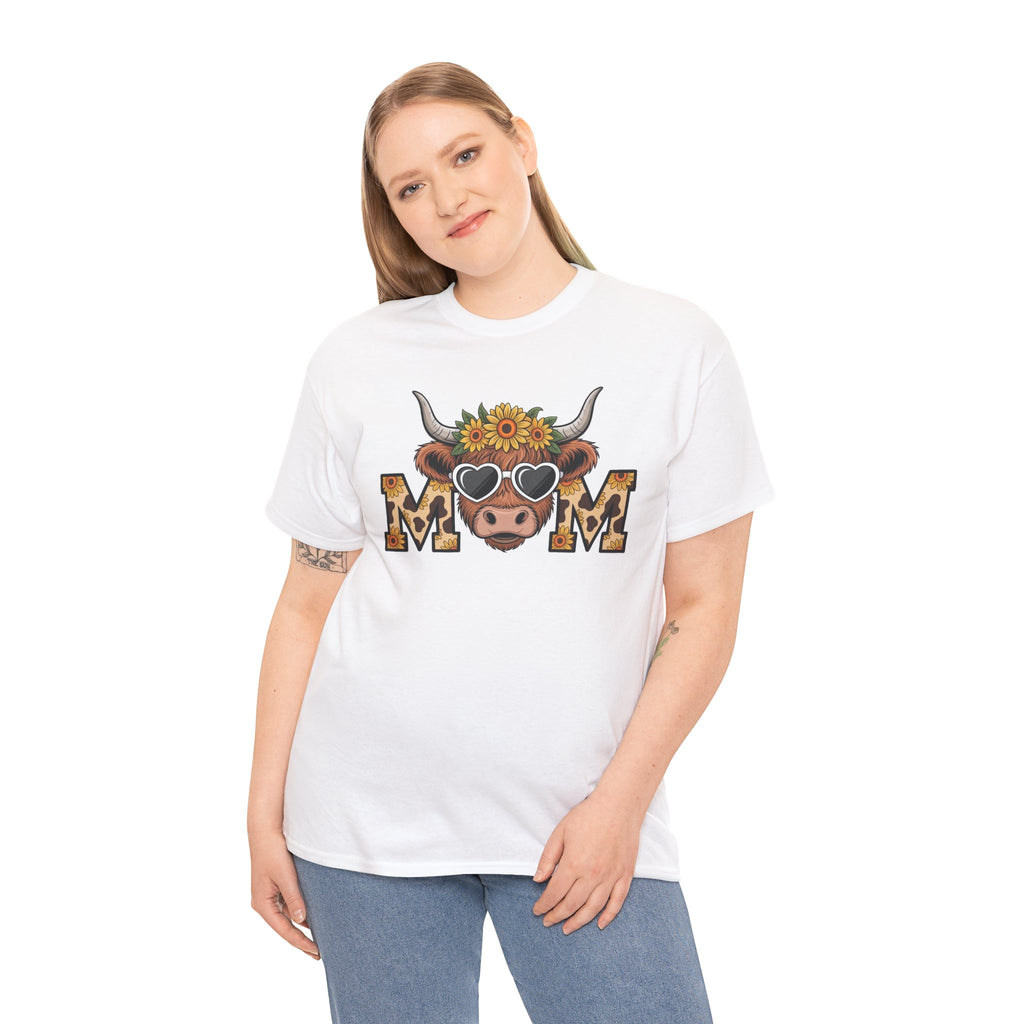 Woman wearing the White Highland Cow Mom Sunflower Leopard T-Shirt