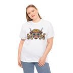Woman wearing the White Highland Cow Mom Sunflower Leopard T-Shirt