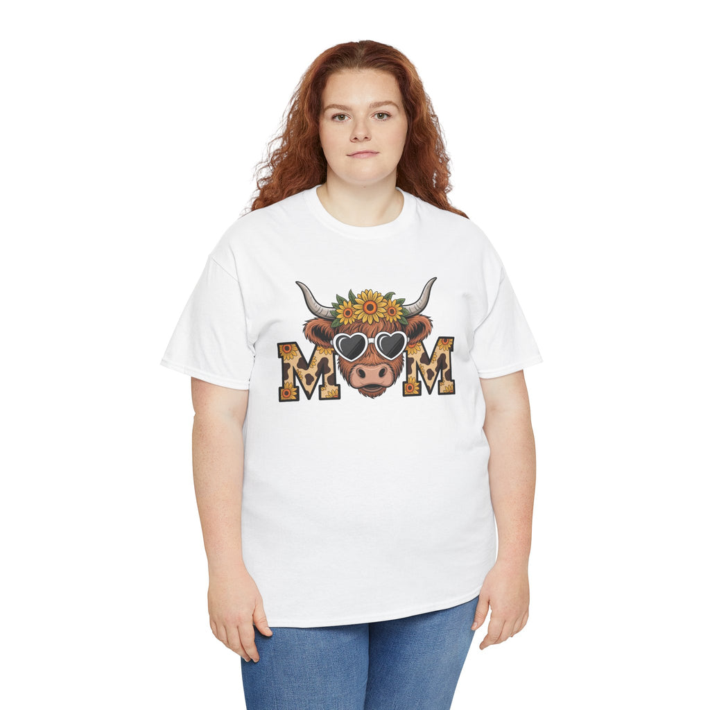 Woman wearing the White Highland Cow Mom Sunflower Leopard T-Shirt