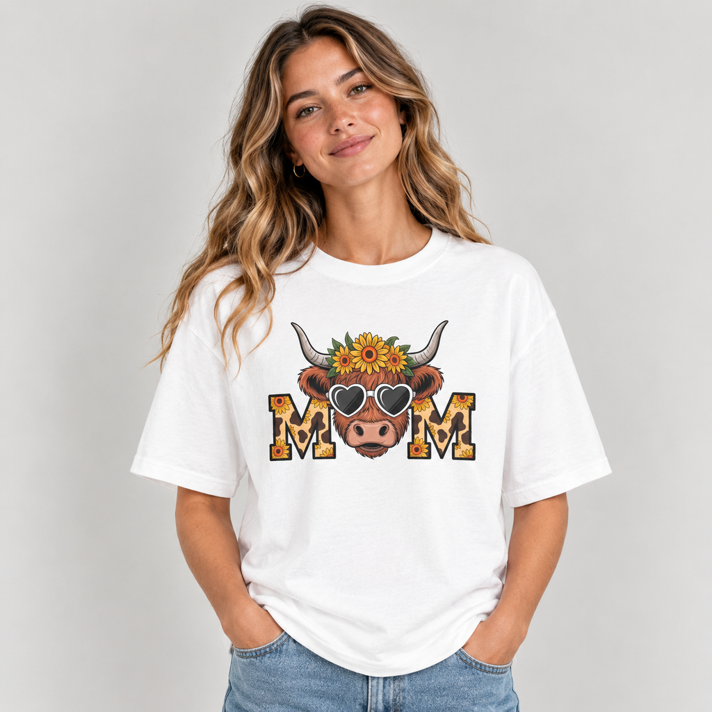 Woman wearing the White Highland Cow Mom Sunflower Leopard T-Shirt with jeans