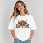 Woman wearing the White Highland Cow Mom Sunflower Leopard T-Shirt with jeans