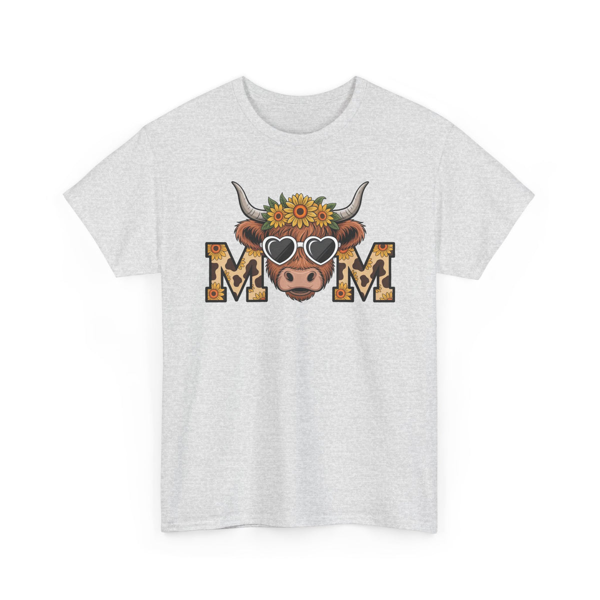 Ash Highland Cow Mom t-shirt with a sunflower highland cow and leopard print MOM letters, front view