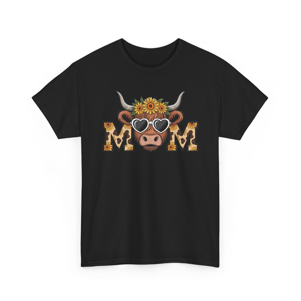 Black Highland Cow Mom t-shirt with a sunflower highland cow and leopard print MOM letters, front view
