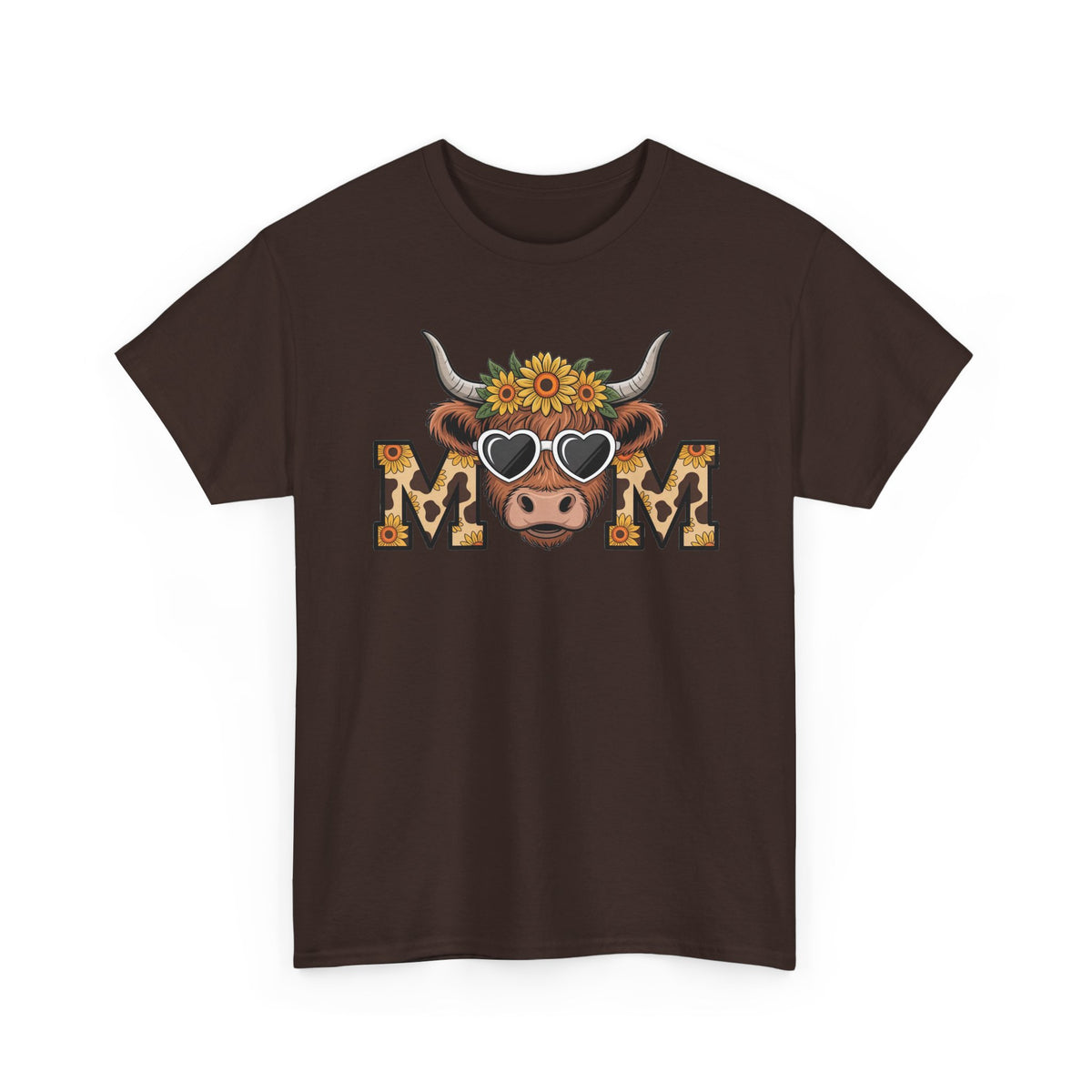 Dark Chocolate Highland Cow Mom t-shirt with a sunflower highland cow and leopard print MOM letters, front view