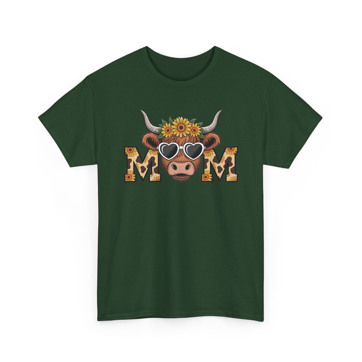 Forest Green Highland Cow Mom t-shirt with a sunflower highland cow and leopard print MOM letters, front view