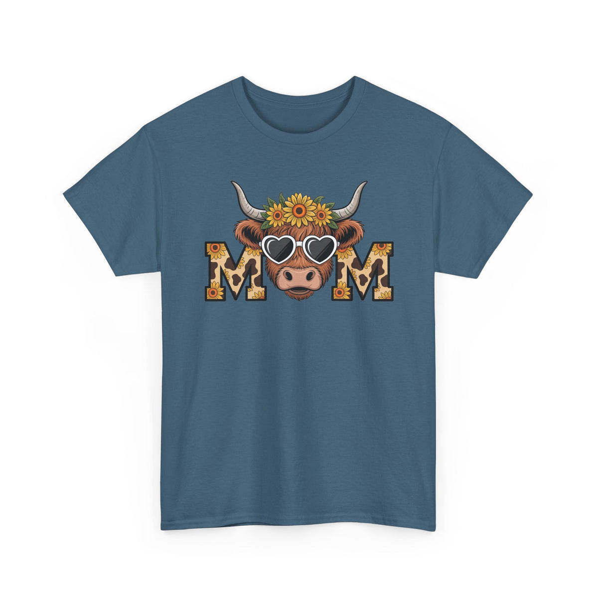 Indigo Blue Highland Cow Mom t-shirt with a sunflower highland cow and leopard print MOM letters, front view