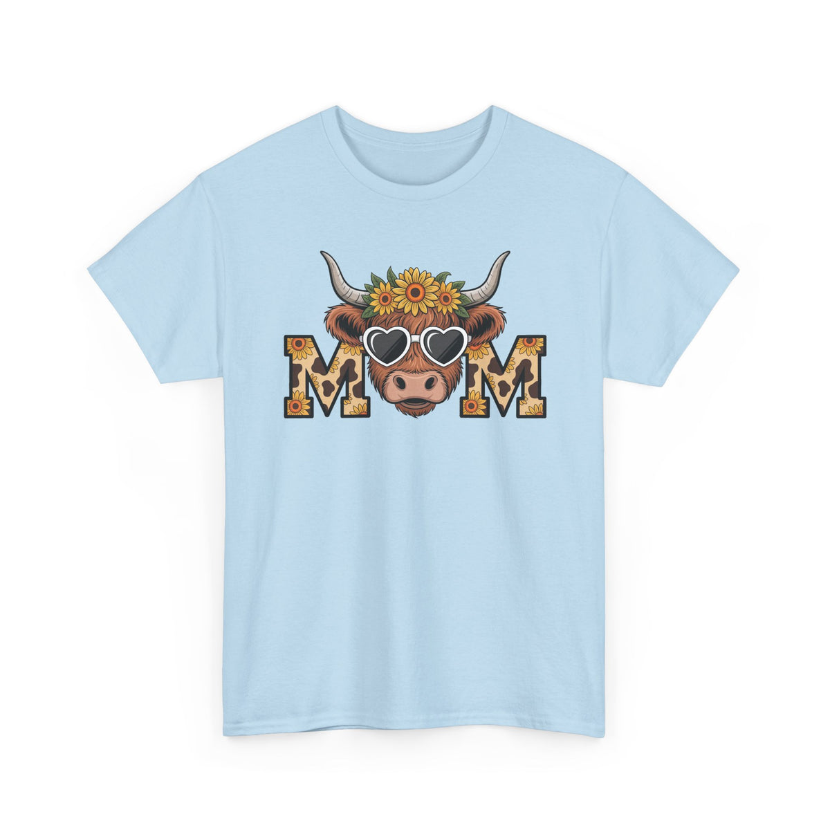 Light Blue Highland Cow Mom t-shirt with a sunflower highland cow and leopard print MOM letters, front view