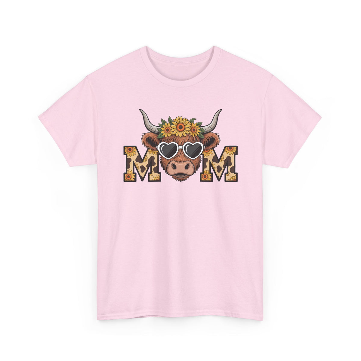 Light Pink Highland Cow Mom t-shirt with a sunflower highland cow and leopard print MOM letters, front view