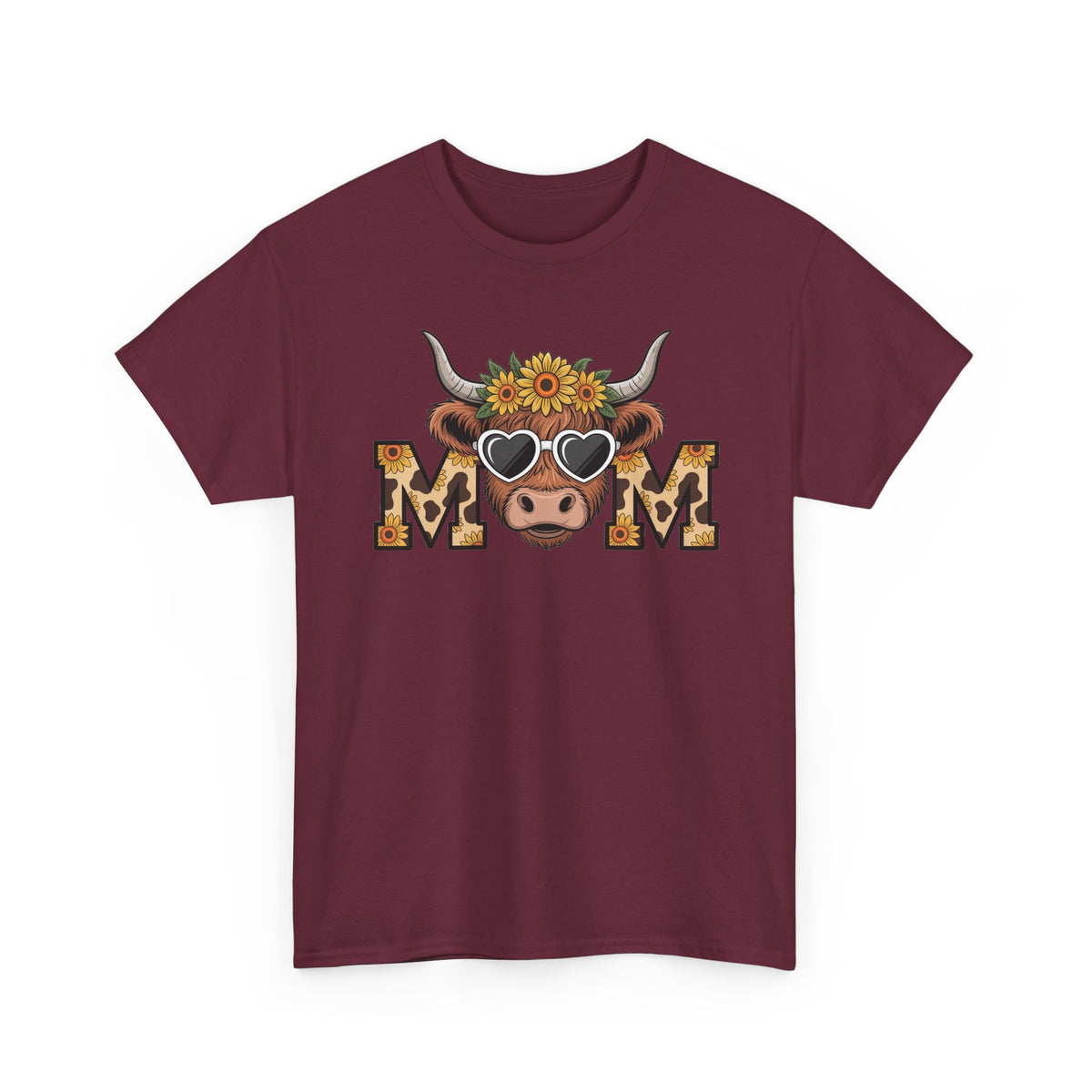 Maroon Highland Cow Mom t-shirt with a sunflower highland cow and leopard print MOM letters, front view