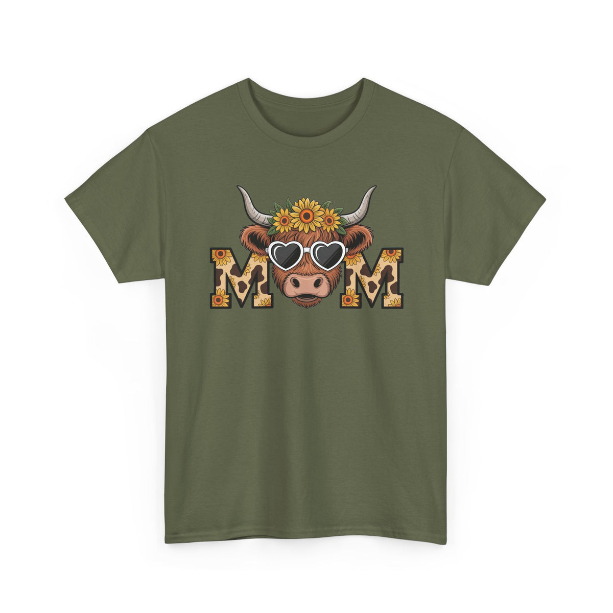 Military Green Highland Cow Mom t-shirt with a sunflower highland cow and leopard print MOM letters, front view