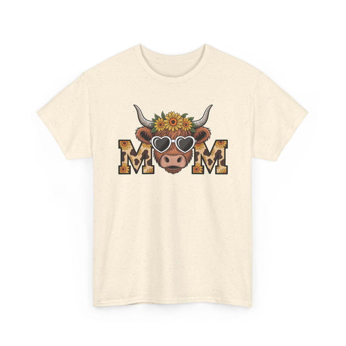 Natural Highland Cow Mom t-shirt with a sunflower highland cow and leopard print MOM letters, front view