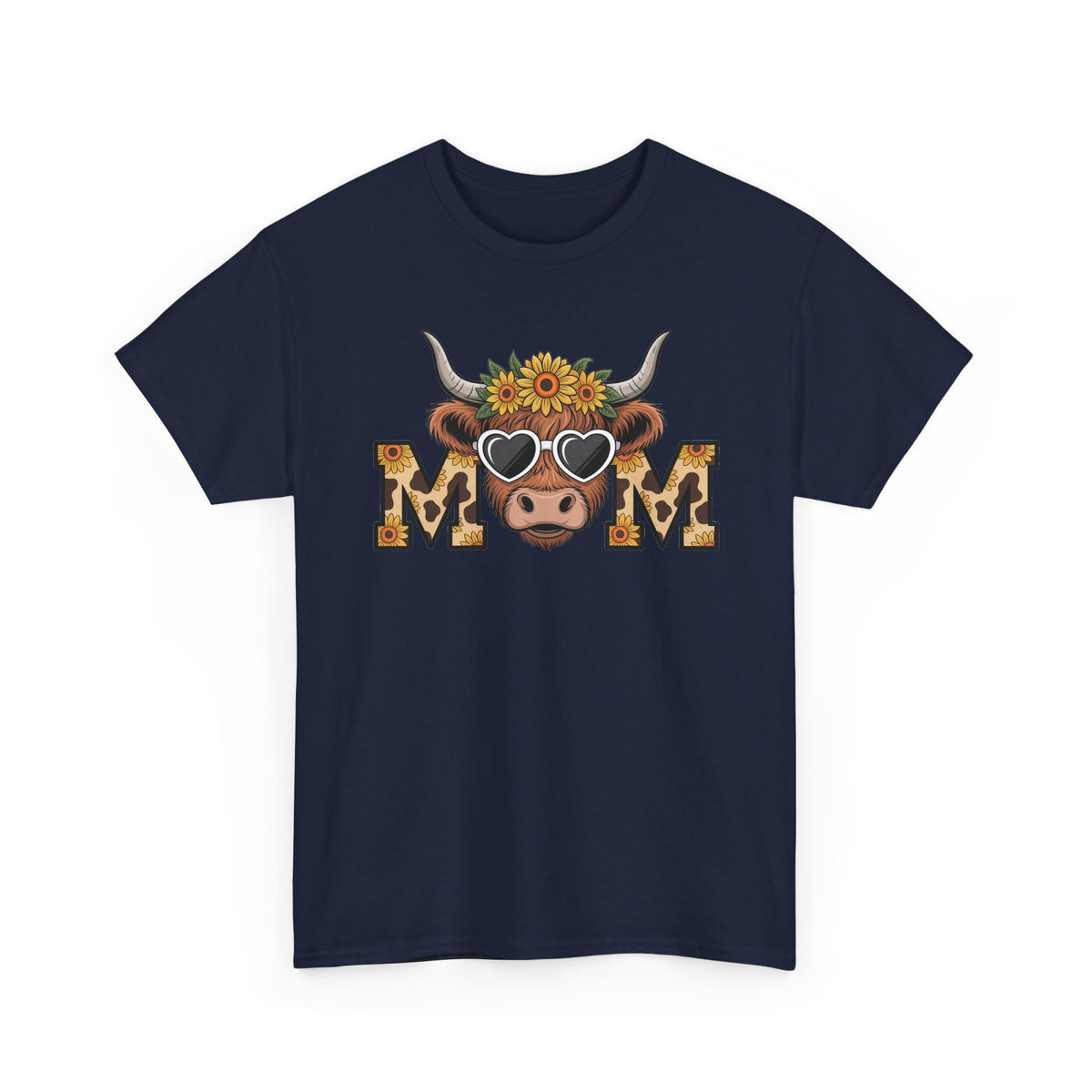 Navy Highland Cow Mom t-shirt with a sunflower highland cow and leopard print MOM letters, front view