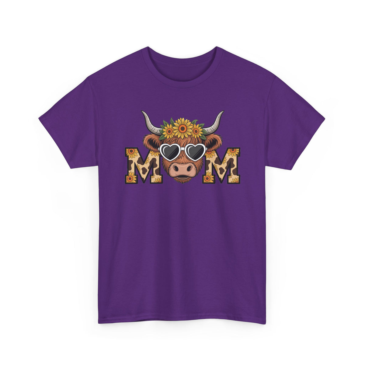 Purple Highland Cow Mom t-shirt with a sunflower highland cow and leopard print MOM letters, front view