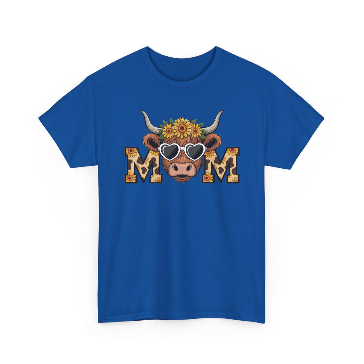 Royal Highland Cow Mom t-shirt with a sunflower highland cow and leopard print MOM letters, front view
