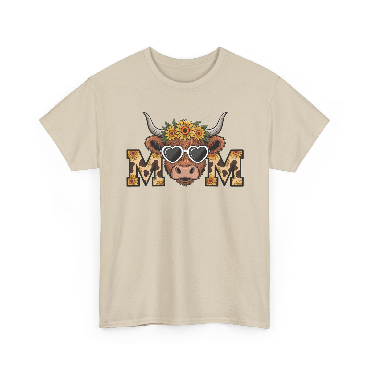 Sand Highland Cow Mom t-shirt with a sunflower highland cow and leopard print MOM letters, front view