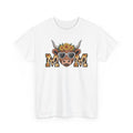 White Highland Cow Mom t-shirt with a sunflower highland cow and leopard print MOM letters, front view