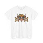 White Highland Cow Mom t-shirt with a sunflower highland cow and leopard print MOM letters, front view