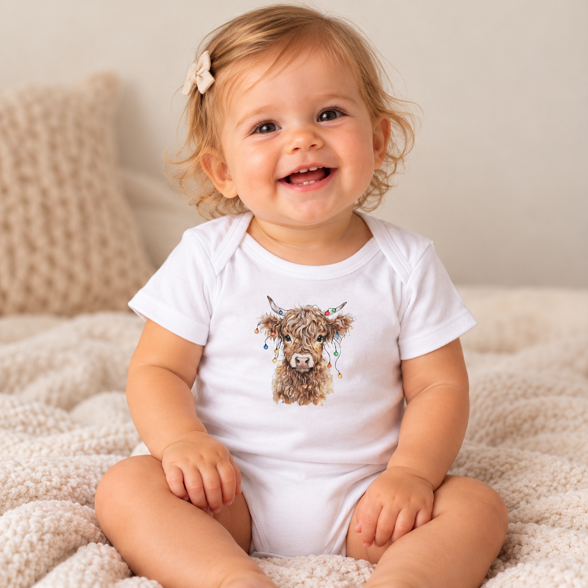 Baby wearing the White Highland Cow With Christmas Lights Baby Bodysuit