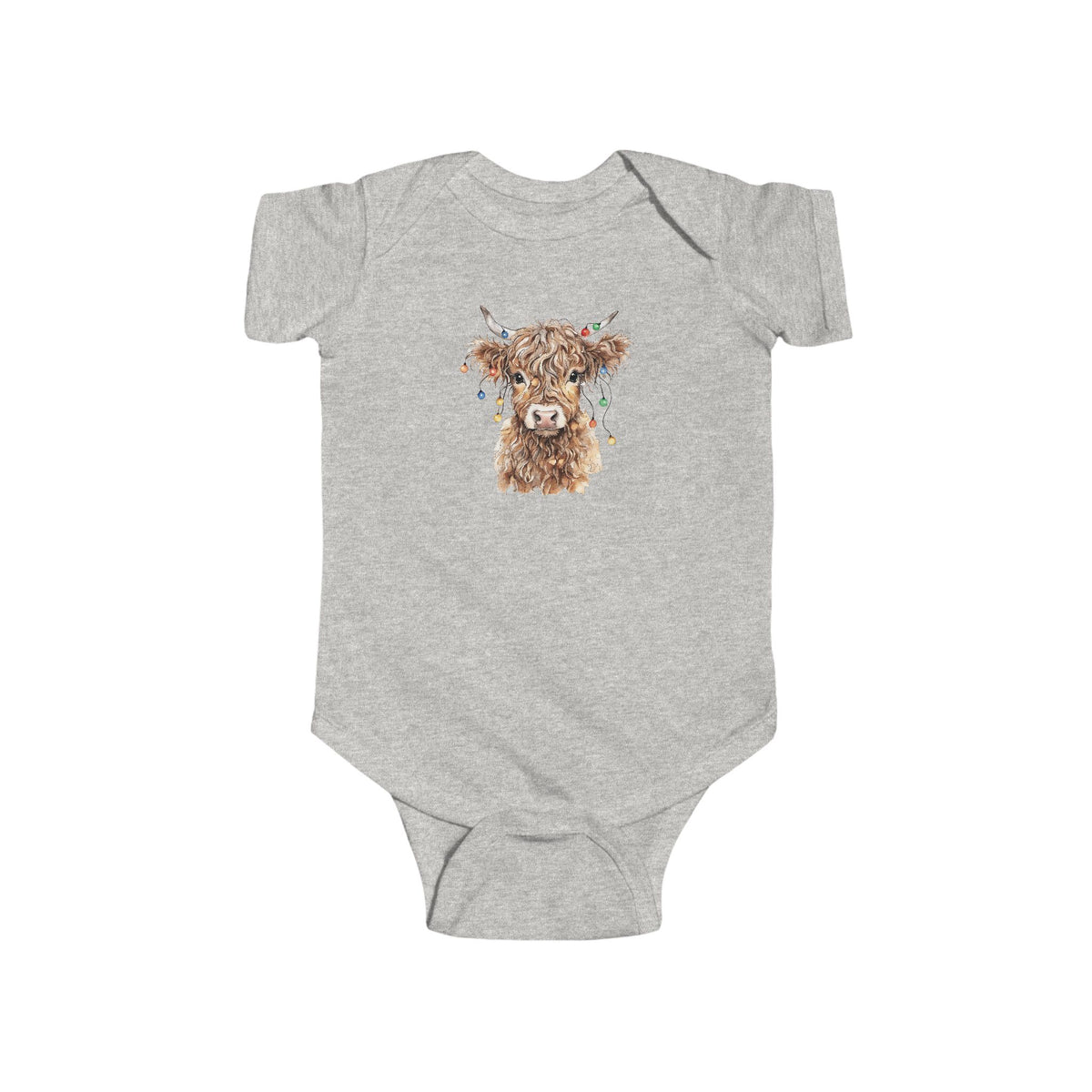 Ash Highland Cow With Christmas Lights baby bodysuit with a watercolor highland cow wearing colorful Christmas lights, front view