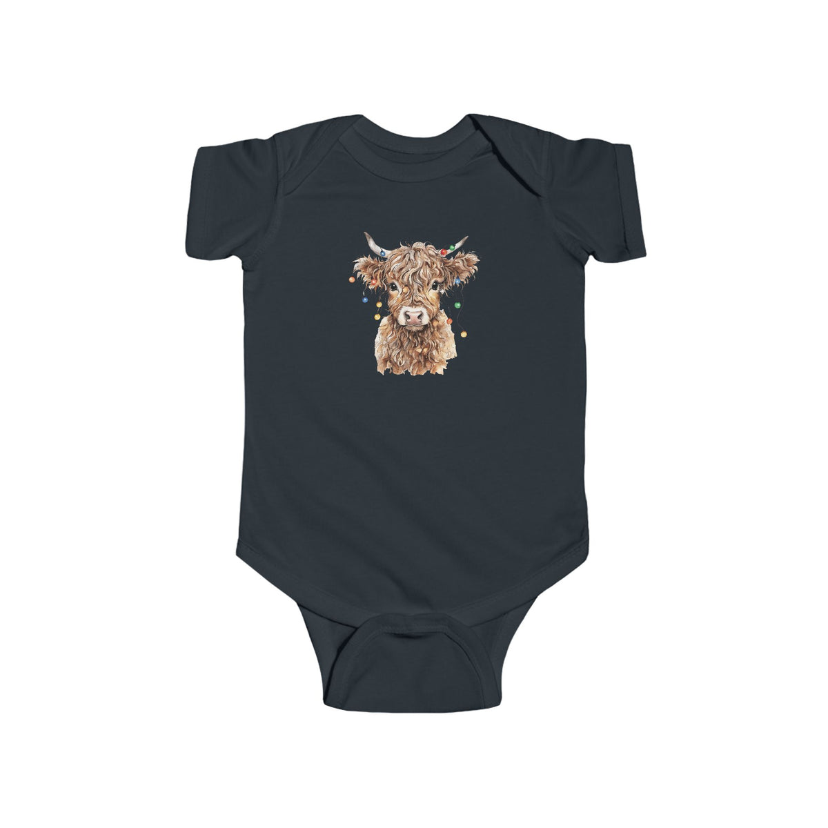 Black Highland Cow With Christmas Lights baby bodysuit with a watercolor highland cow wearing colorful Christmas lights, front view