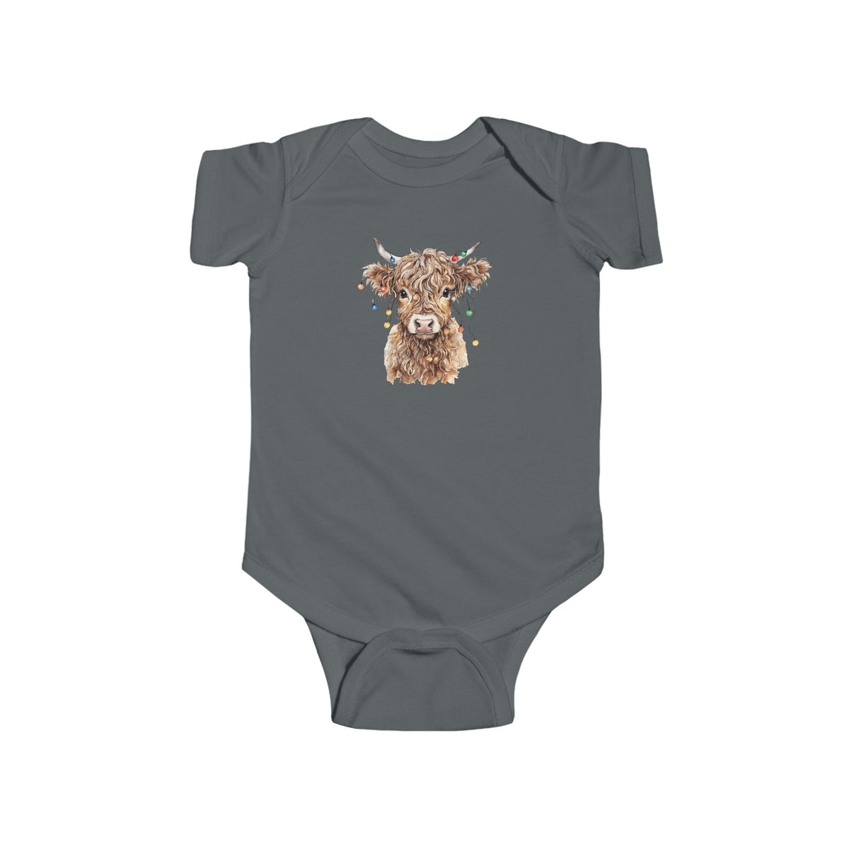 Charcoal Highland Cow With Christmas Lights baby bodysuit with a watercolor highland cow wearing colorful Christmas lights, front view