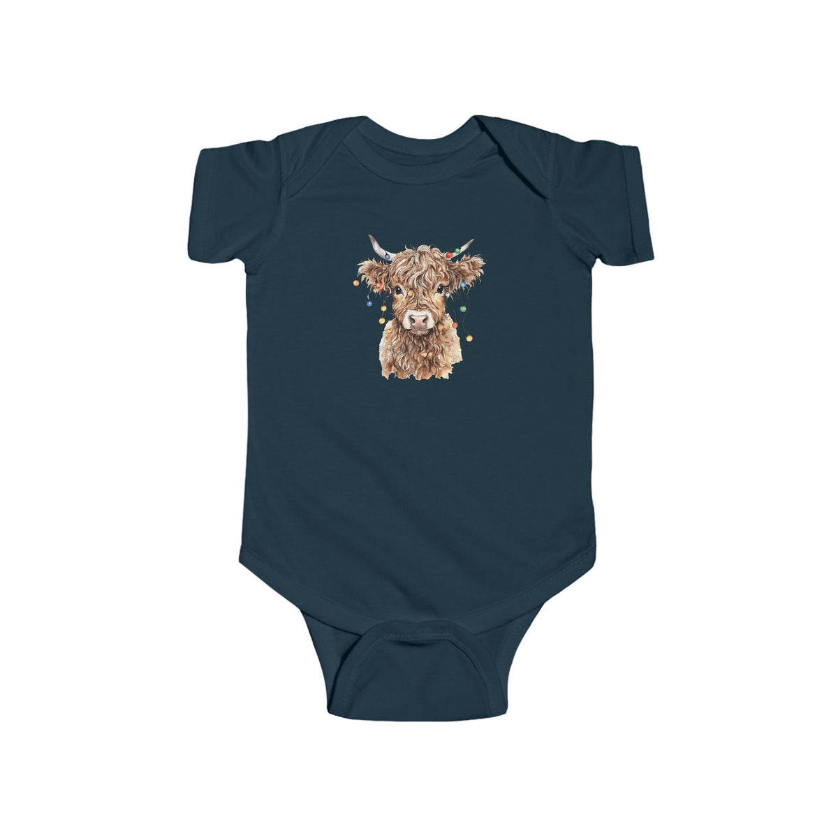 Navy Highland Cow With Christmas Lights baby bodysuit with a watercolor highland cow wearing colorful Christmas lights, front view