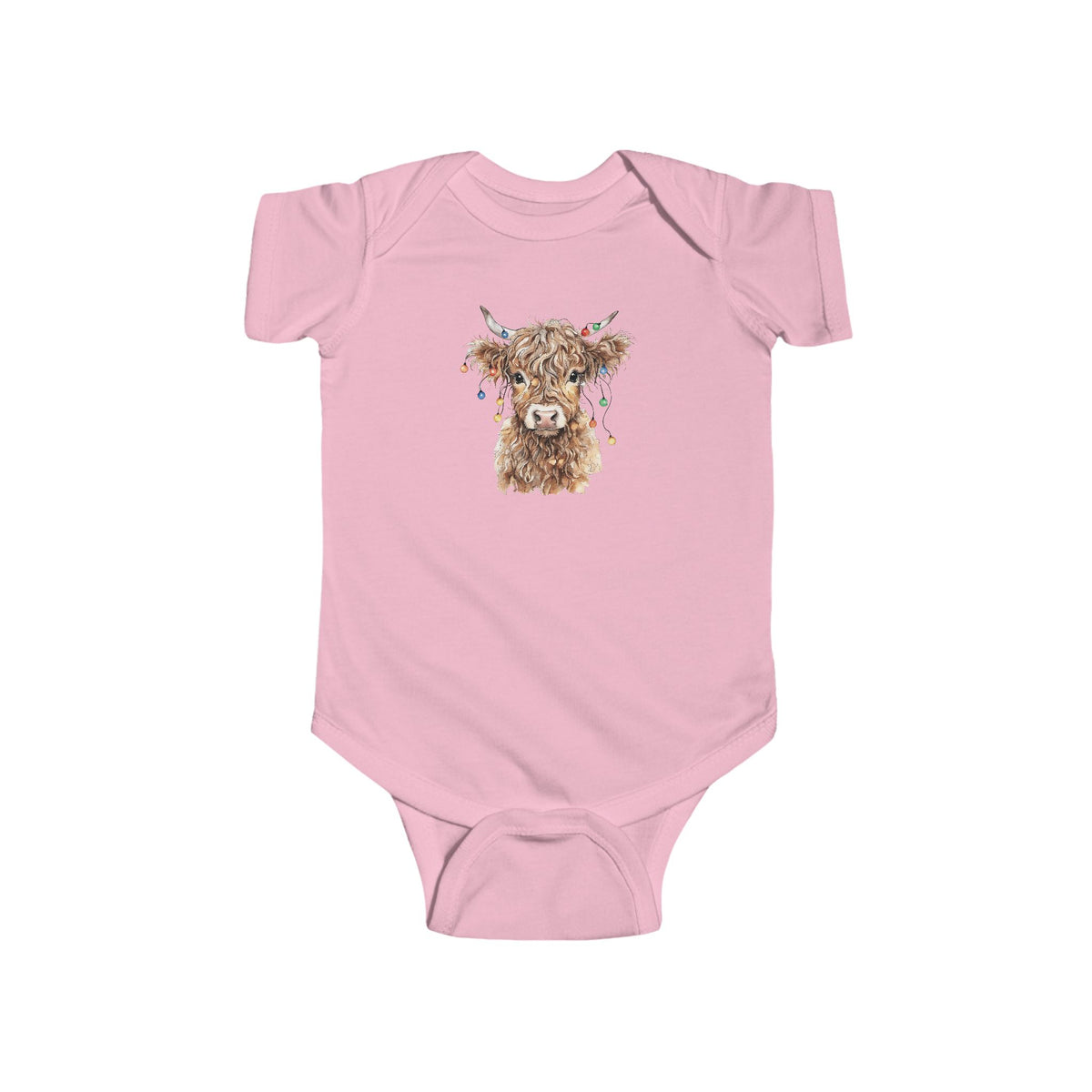 Pink Highland Cow With Christmas Lights baby bodysuit with a watercolor highland cow wearing colorful Christmas lights, front view