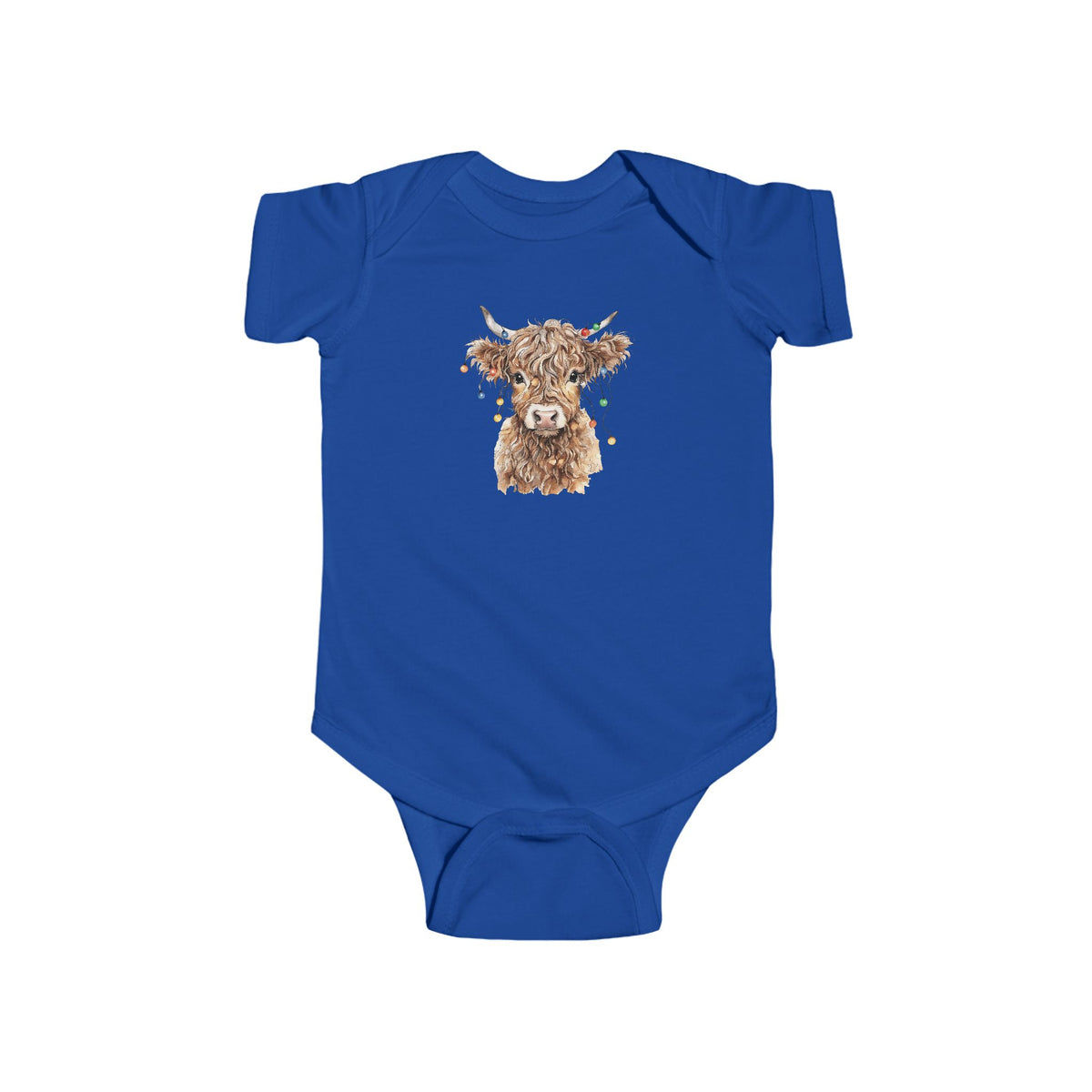 Royal Highland Cow With Christmas Lights baby bodysuit with a watercolor highland cow wearing colorful Christmas lights, front view