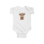 White Highland Cow With Christmas Lights baby bodysuit with a watercolor highland cow wearing colorful Christmas lights, front view