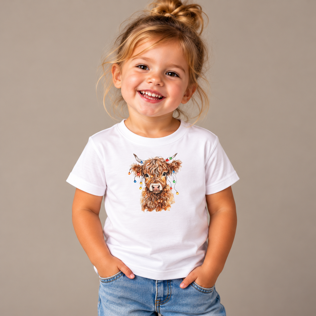 Baby wearing the White Highland Cow With Christmas Lights Baby T-Shirt