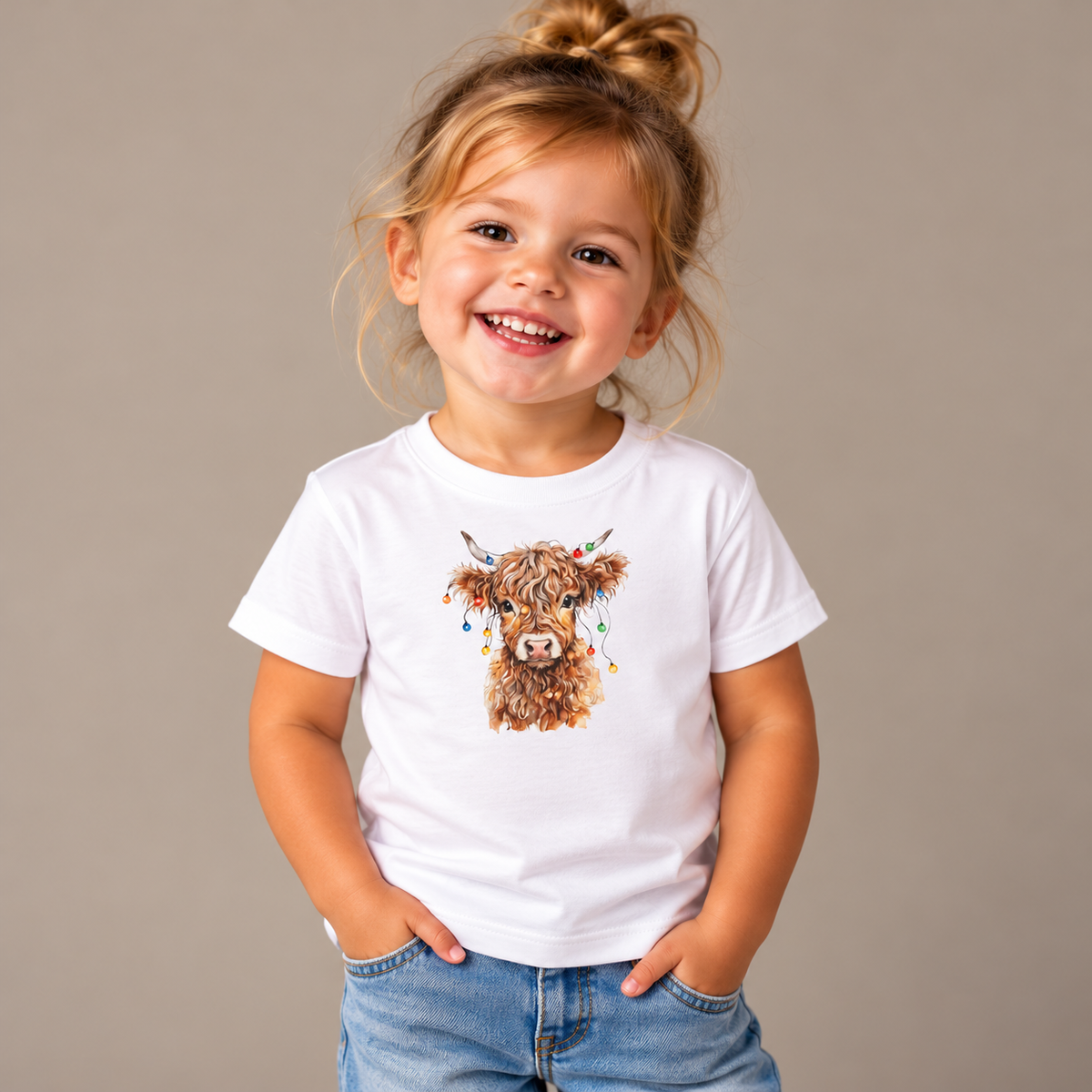 Baby wearing the White Highland Cow With Christmas Lights Baby T-Shirt