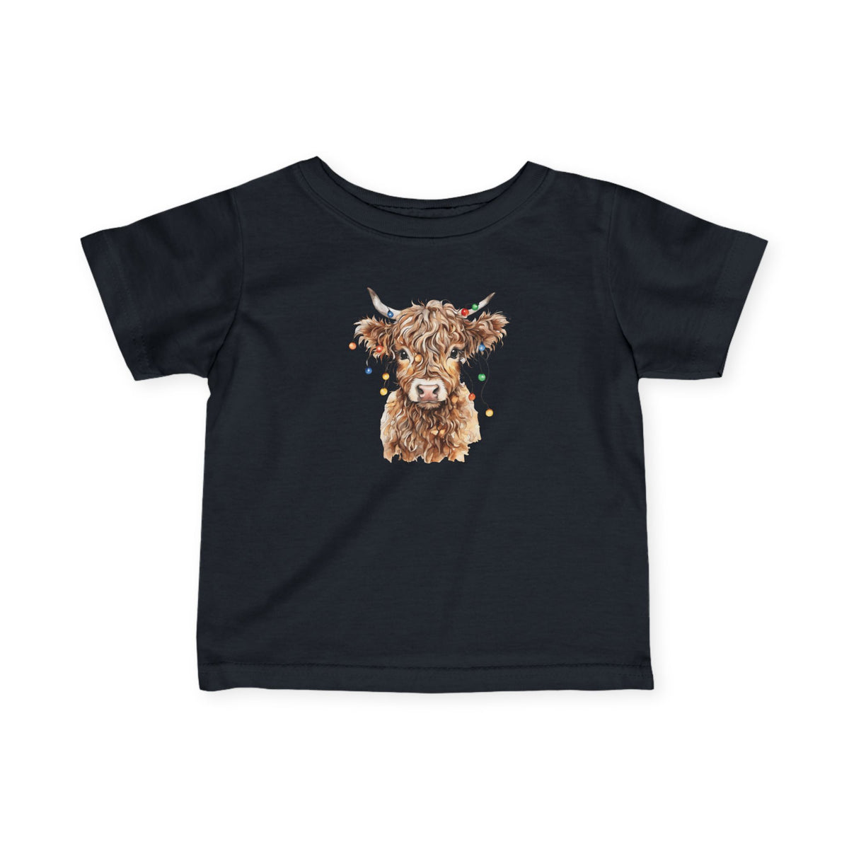 Black Highland Cow With Christmas Lights baby t-shirt with a watercolor highland cow wearing colorful Christmas lights, front view