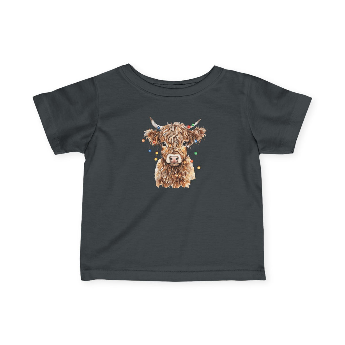 Charcoal Highland Cow With Christmas Lights baby t-shirt with a watercolor highland cow wearing colorful Christmas lights, front view