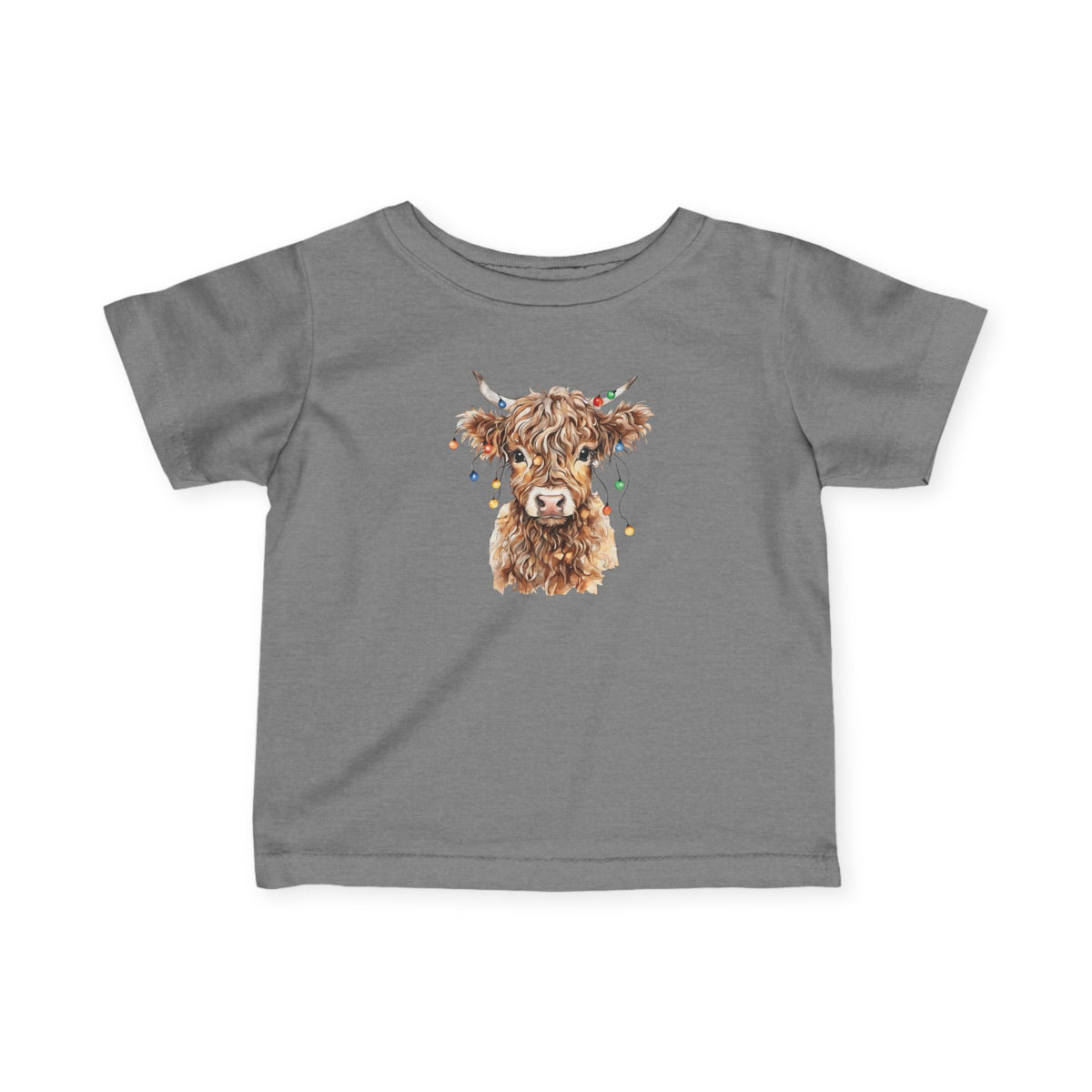 Granite Heather Highland Cow With Christmas Lights baby t-shirt with a watercolor highland cow wearing colorful Christmas lights, front view