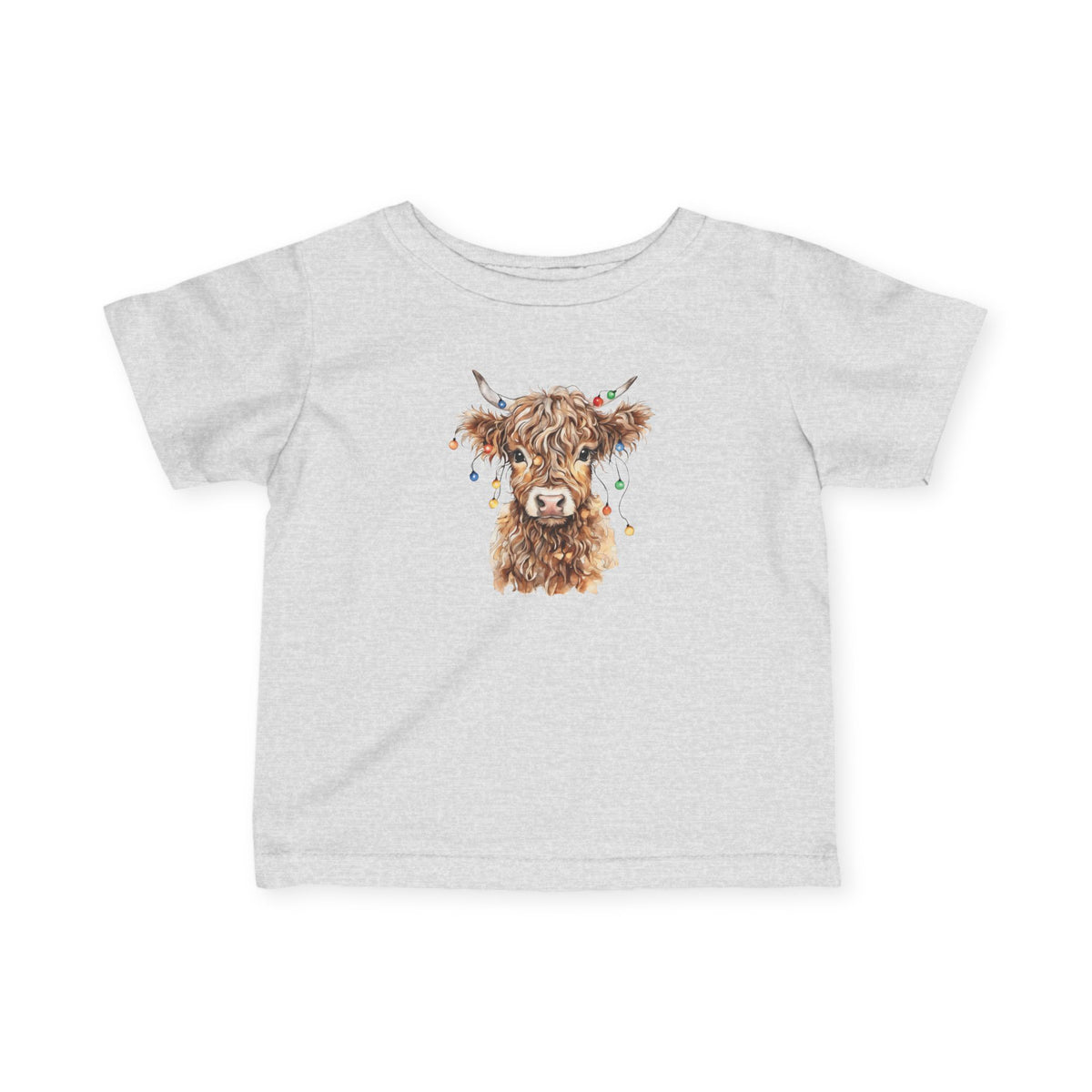 Heather Highland Cow With Christmas Lights baby t-shirt with a watercolor highland cow wearing colorful Christmas lights, front view