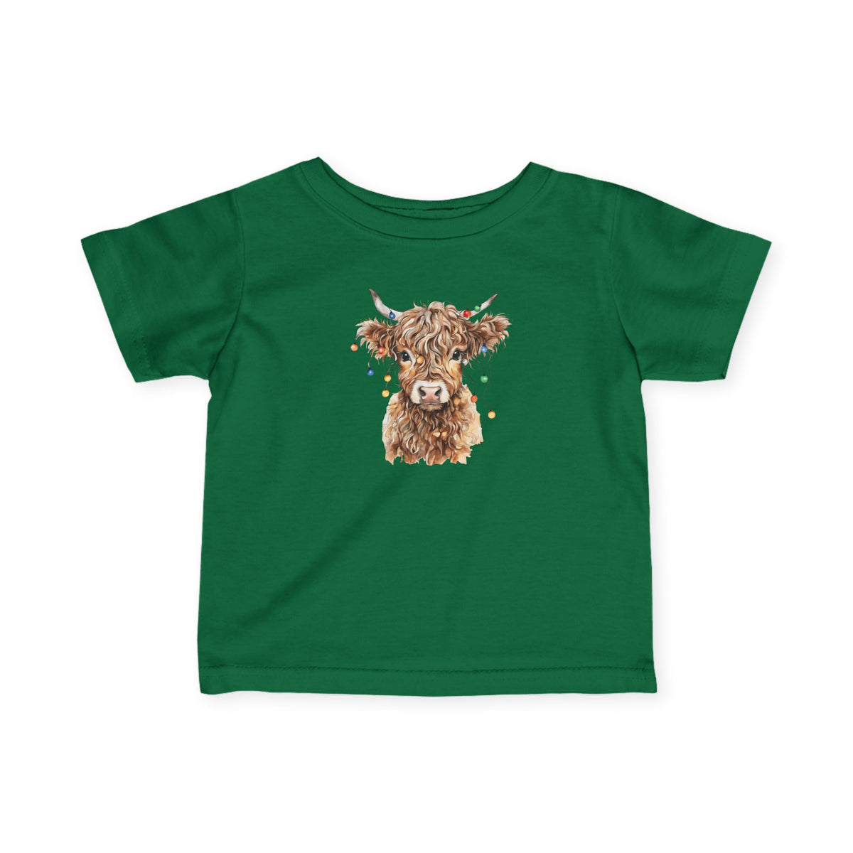 Kelly Highland Cow With Christmas Lights baby t-shirt with a watercolor highland cow wearing colorful Christmas lights, front view