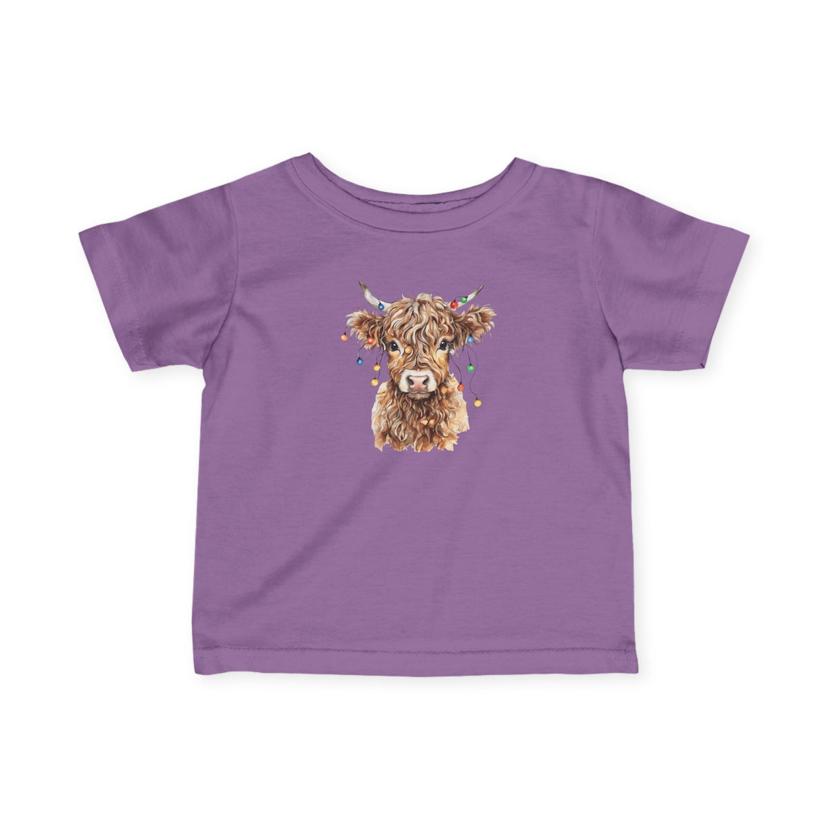 Lavender Highland Cow With Christmas Lights baby t-shirt with a watercolor highland cow wearing colorful Christmas lights, front view