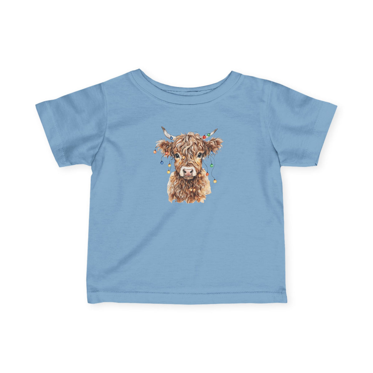 Light Blue Highland Cow With Christmas Lights baby t-shirt with a watercolor highland cow wearing colorful Christmas lights, front view