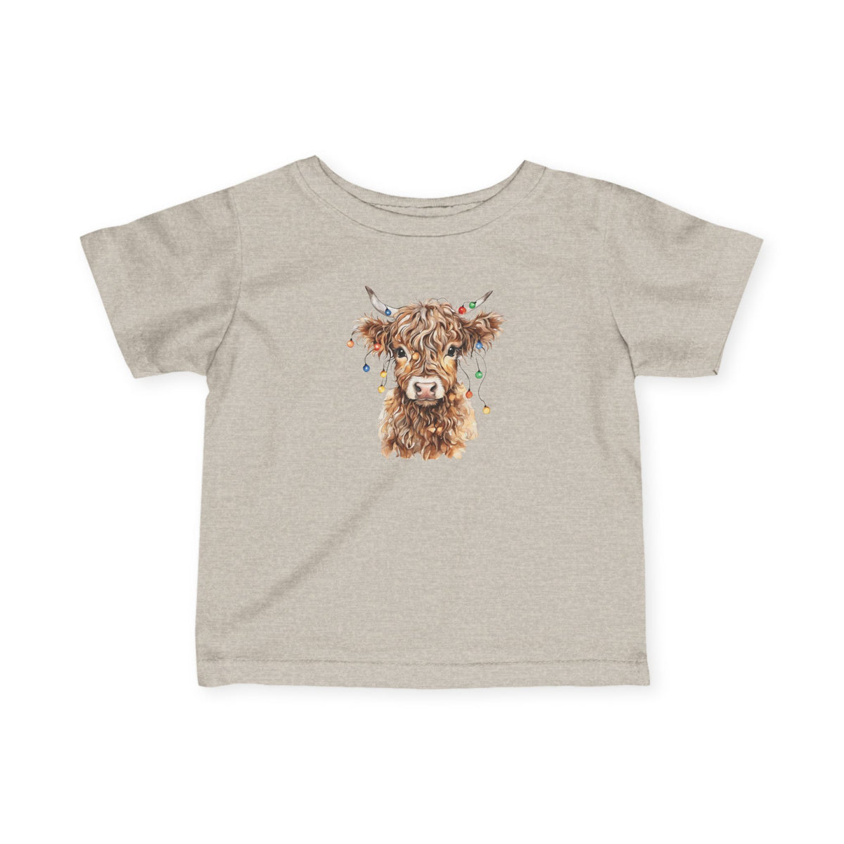 Natural Heather Highland Cow With Christmas Lights baby t-shirt with a watercolor highland cow wearing colorful Christmas lights, front view