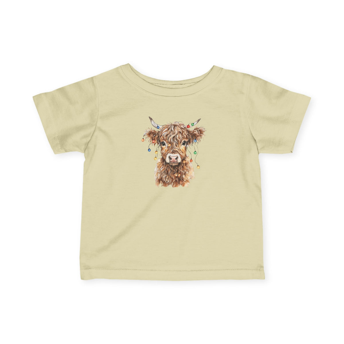 Natural Highland Cow With Christmas Lights baby t-shirt with a watercolor highland cow wearing colorful Christmas lights, front view