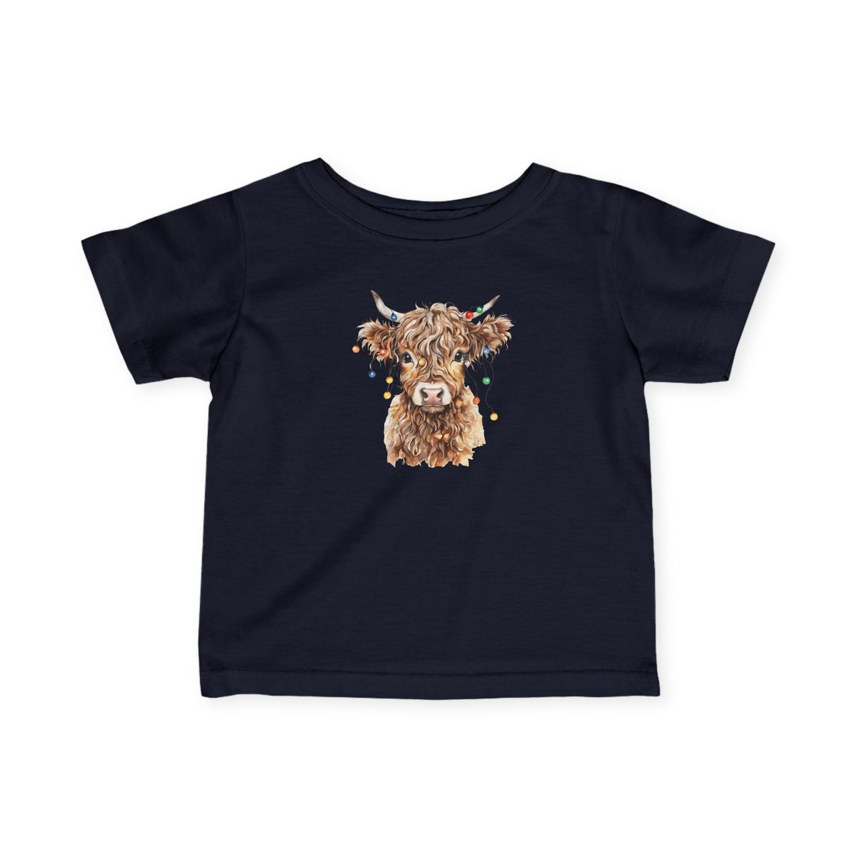 Navy Highland Cow With Christmas Lights baby t-shirt with a watercolor highland cow wearing colorful Christmas lights, front view