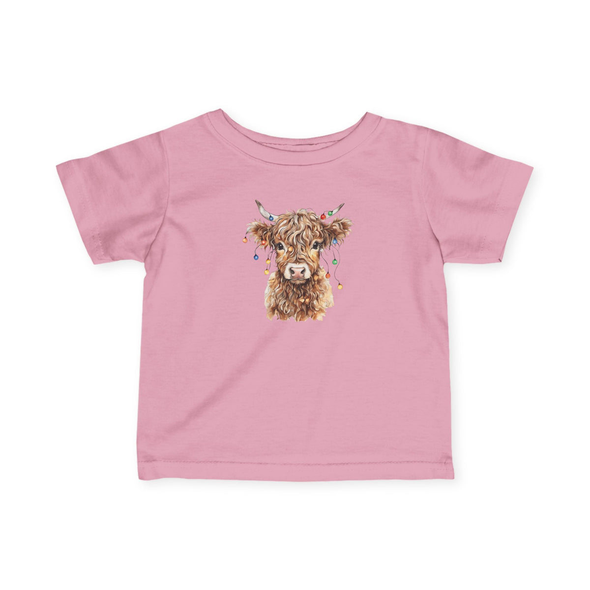 Pink Highland Cow With Christmas Lights baby t-shirt with a watercolor highland cow wearing colorful Christmas lights, front view